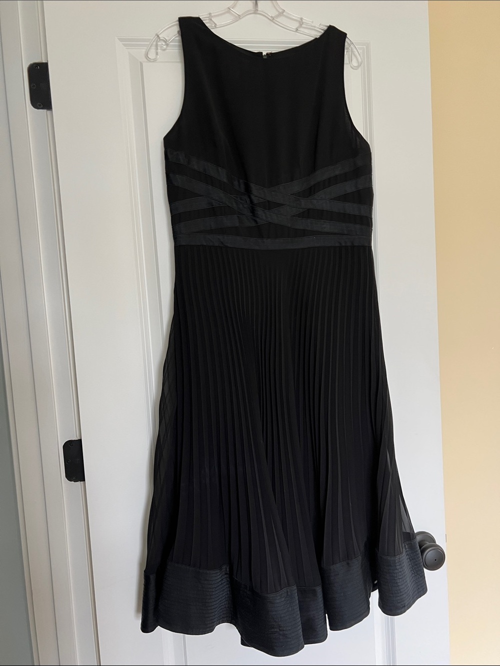 Vintage Talbots Black Pleated Midi Dress with Textured Waist, Silk Combo